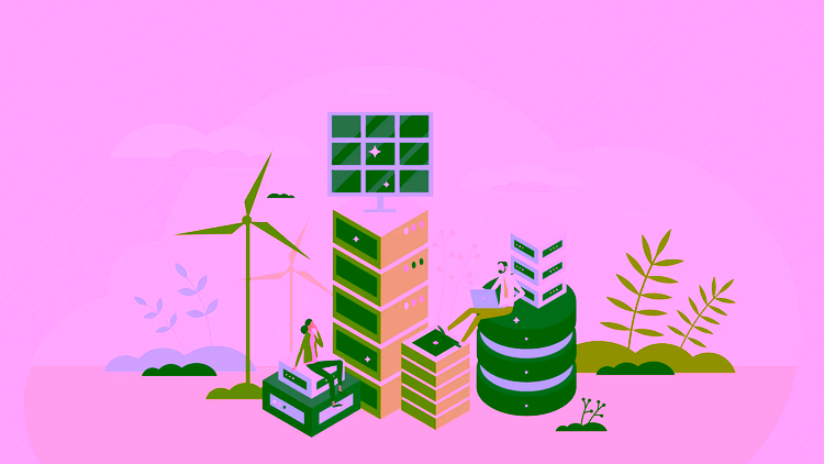 Gedownload Green data center with eco friendly electricity usage tiny person concept. Database server technology for file storage hosting with ecological and carbon neutral power source vector illustration